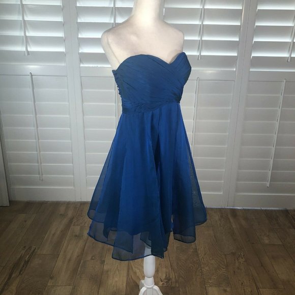 La Femme Strapless Cocktail Dress BlueTurquoise Iridescent Mini 8 Chiffon Panels - Picture 8 of 13